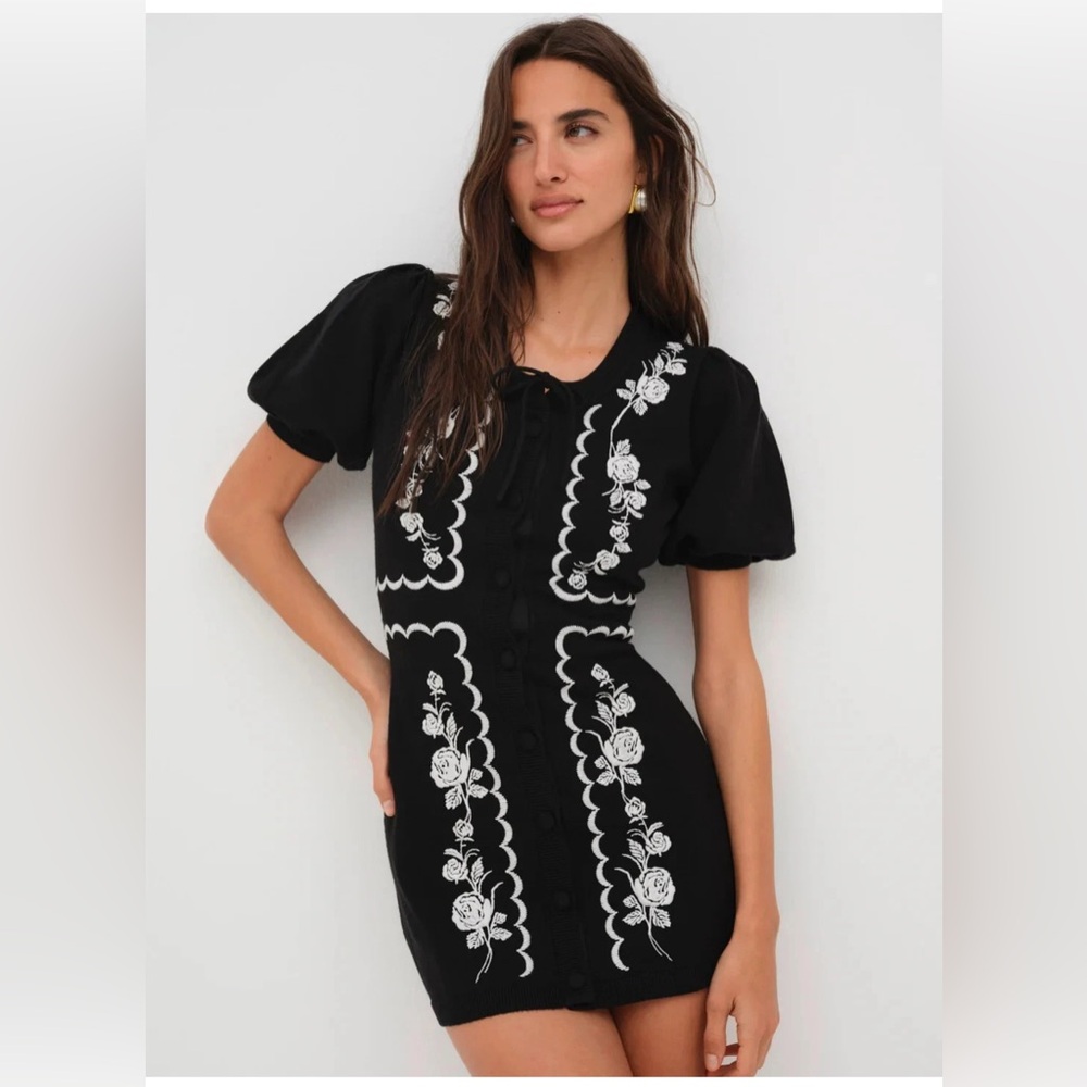 For Love & Lemons Josephina Black Mini Dress with White Floral Embroidery